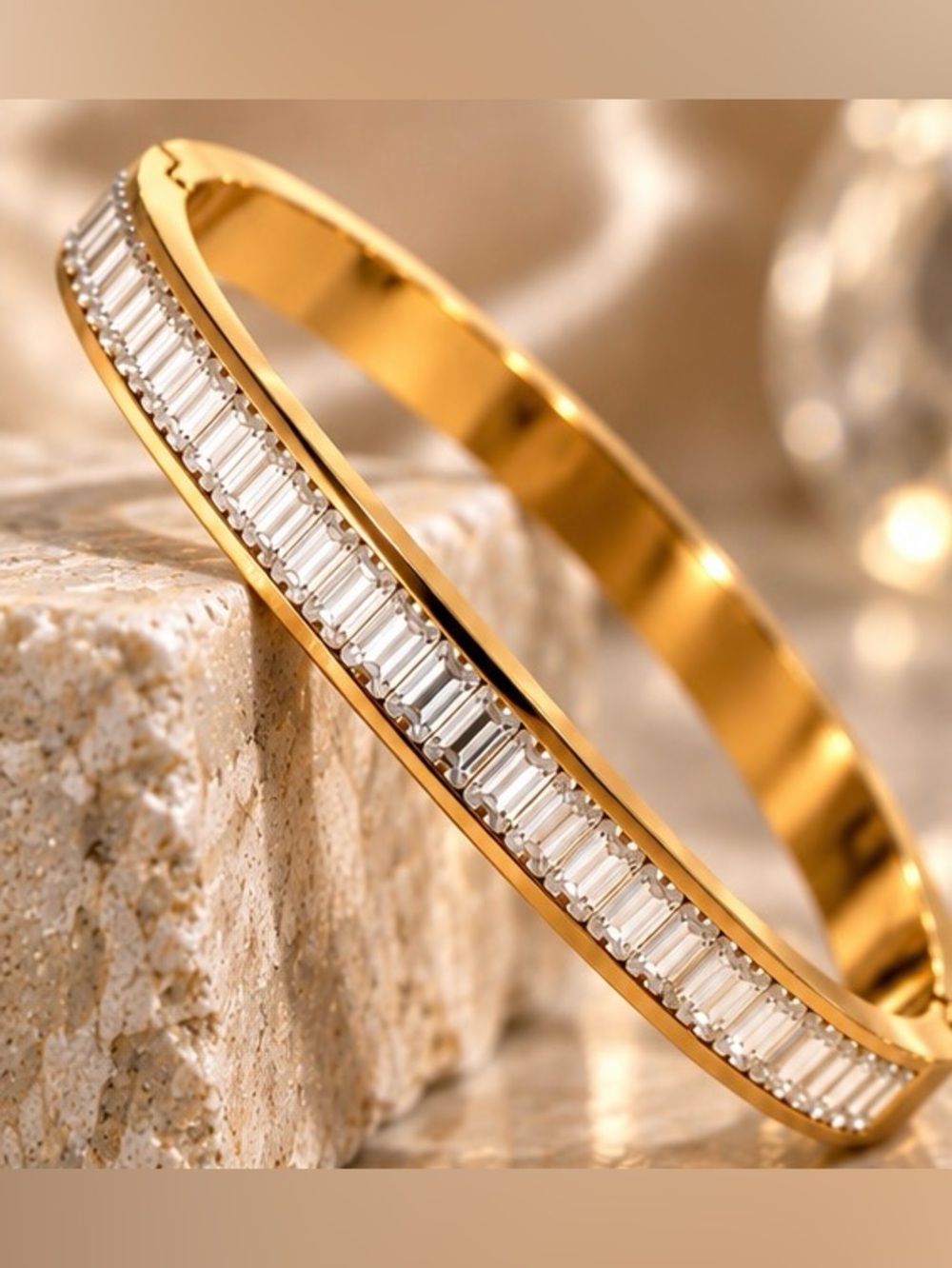 Gold Tone Baguette Crystal Bangle Bracelet Elegant Sparkling Jewelry